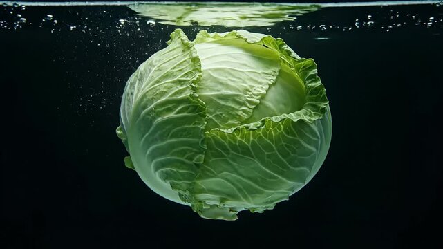 A fresh green cabbage head submerged in clear water with bubbles against a dark background.