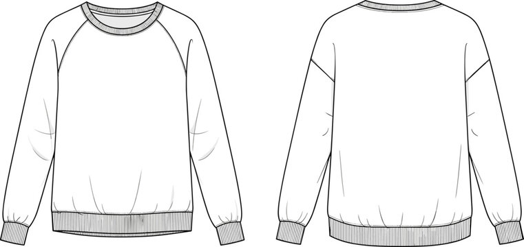 Technical fashion flat sketch of crewneck sweatshirt with raglan sleeves, ribbed cuffs, ribbed hem and garment construction details