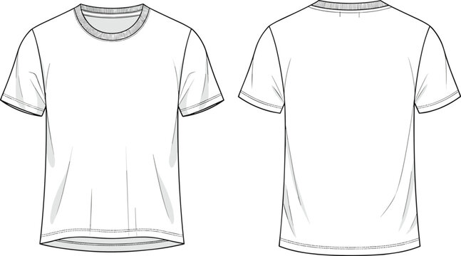 Technical fashion flat sketch of classic short-sleeve T-shirt with round ribbed neckline, straight hem and garment construction details