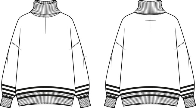 Technical fashion flat sketch of ribbed turtleneck sweater with dropped shoulders, striped cuffs, ribbed hem and garment construction details