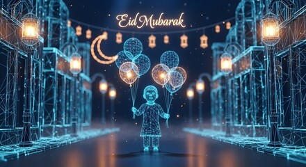 Fototapeta premium Futuristic low poly low poly surreal silliness eid al adha mubarak, high quality 4K AI generated
