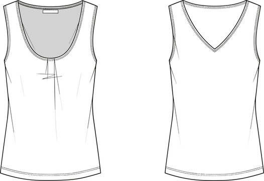 Technical fashion flat sketch of women&rsquo;s sleeveless tops with scoop neckline pleat detail and clean V-neckline garment construction comparison