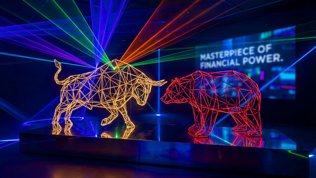 Illuminated wireframe sculpture of a charging gold bull confronting a powerful red bear statue under vibrant laser beams signifies market tension.