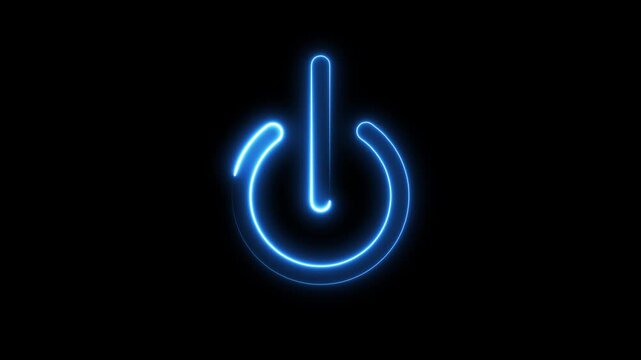 Glowing blue neon power button symbol animation on black background, for technology and, startup concepts