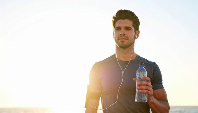 Reusable water bottle, summer. man enjoying refreshing workout outdoors, holding water bottle and wearing earphones