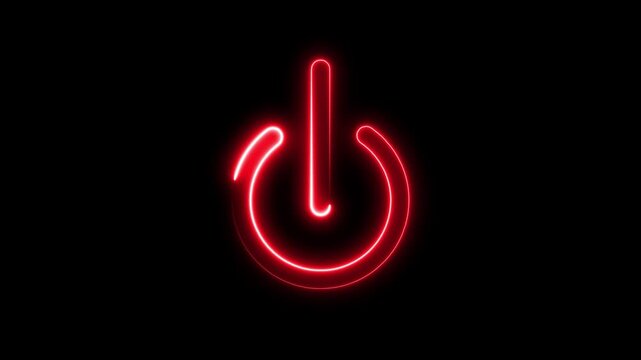 Glowing red neon power button symbol pulsing on black background, digital technology concept