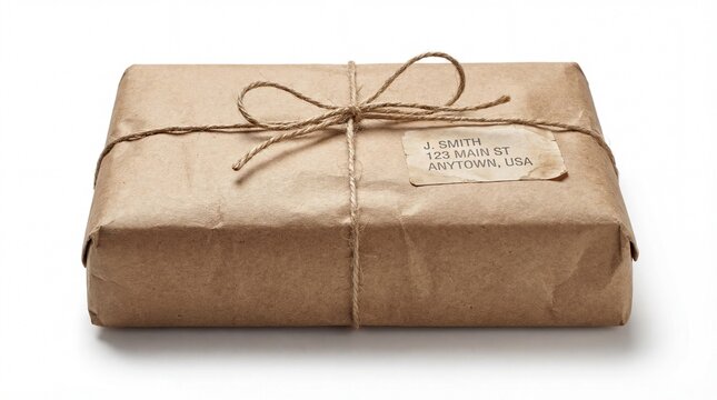 Rustic brown paper parcel tied with twine, vintage mail package with shipping label, traditional postal delivery box on white background