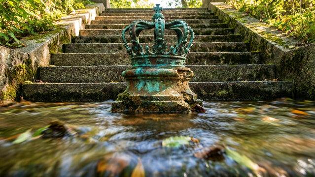 An ancient, verdigris-covered metal crown statue sits at the base of mossy stone steps where clear water flows.