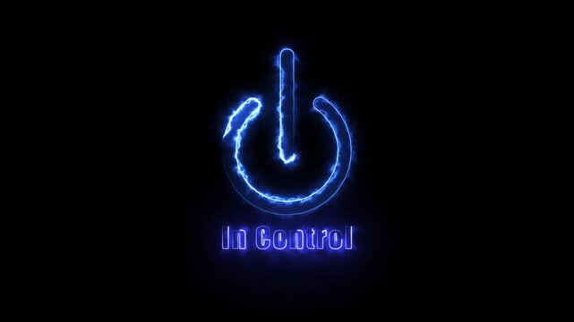Neon blue power button symbol with in control text glowing energy animation on black background