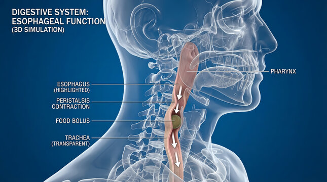 3D Medical Simulation of Human Esophageal Function Showing Pharynx, Food Bolus and Peristalsis Contraction.