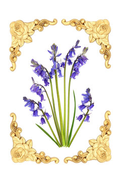 Ornate vintage gold frame abstract design with Spring bluebell flowers. Geometric shape, old fashioned intricate luxury gilded border decoration. 