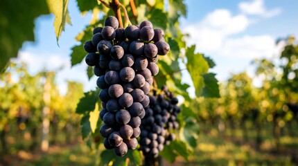 Fototapeta premium Stunning, plump dark purple grapes, glistening with fresh water droplets, ready for harvest, clinging to their lush green vine.