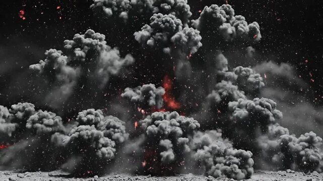 Explosive volcanic eruption with ash cloud and lava on dark background