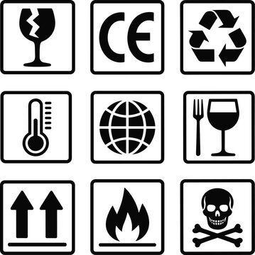 Set of packaging symbols icons including fragile glass CE mark recycling temperature food safe keep dry flammable toxic shipping handling labels vector illustration