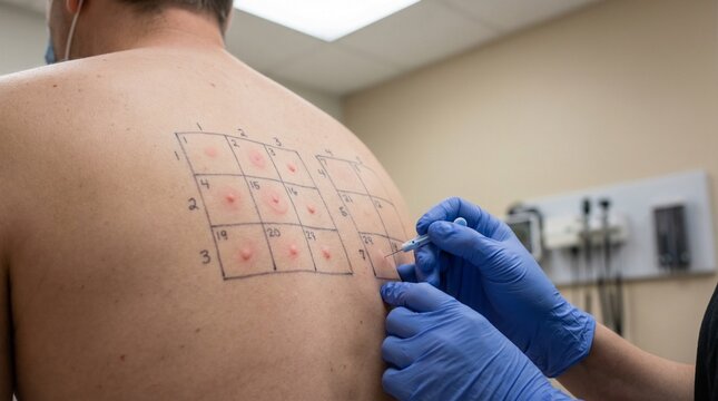 Allergy skin test on back with marked grid and reaction spots