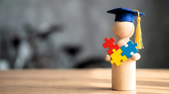 Wooden graduate figure holding colorful puzzle pieces symbolizes neurodiversity awareness and educational inclusion achievements