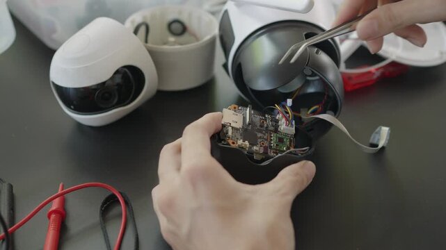 Repairing a wireless CCTV camera on a black background,