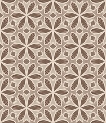 Fototapeta premium Repeating geometric pattern with brown and beige tones. Floral motifs arranged in symmetrical, repeating design. Each shape features six pointed, petal-like segments. Pattern creates a textured