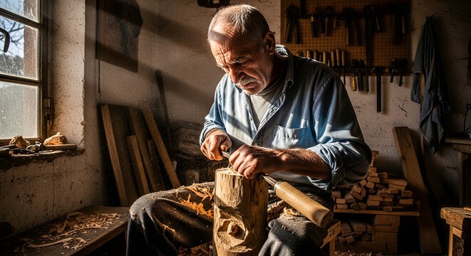 Elderly Carpenter with Unibrow Carving Wood in Sunlit Workshop