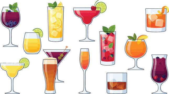 Colorful cocktail drinks set with fruit garnishes, citrus slices and berries, modern bar beverages collection in different glasses, refreshing alcohol and mocktail vector illustration