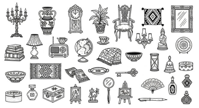 Collection of antique objects and decorative items.