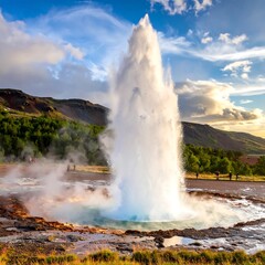 Fototapeta premium Erupting geyser in Iceland's geothermal area, water plume against sky