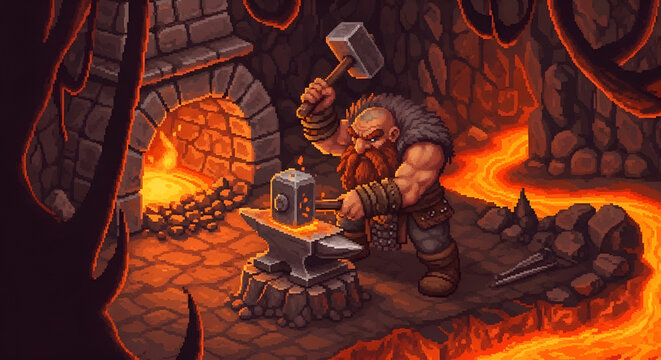 Strong Dwarf Blacksmith with Unibrow Forging Metal in Lava Cave