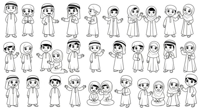 Collection of Arabic cartoon characters in traditional attire, black and white.