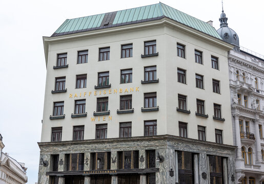 Facade of a Raiffeisenbank Flagship Vienna branch in Looshaus building in Vienna, Austria