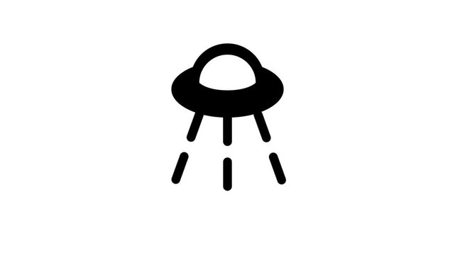 An alien spacecraft shaped like a classic saucer hovers while emitting three beams of light downward into the white space of the second rectangular