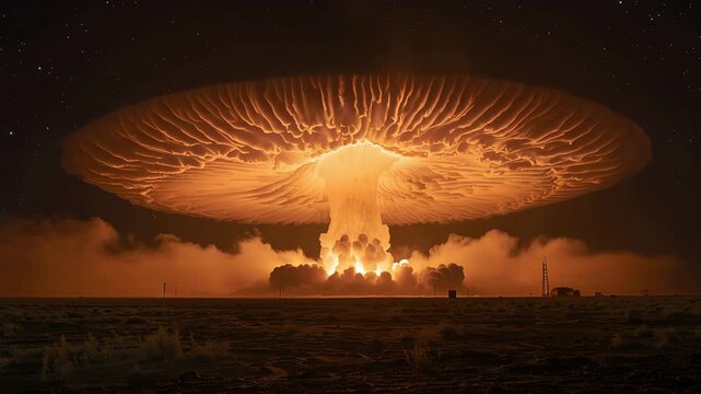 砂漠の試験場で巨大なキノコ雲が夜空を焦がす瞬間