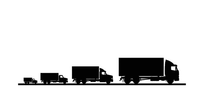 A progression of trucks from small to large in black silhouette