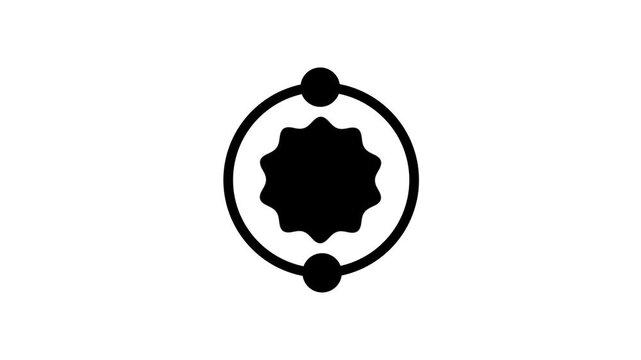The third image displays a stylized dark sun or gear symbol surrounded by a circular orbital path with two small dots representing orbiting moons