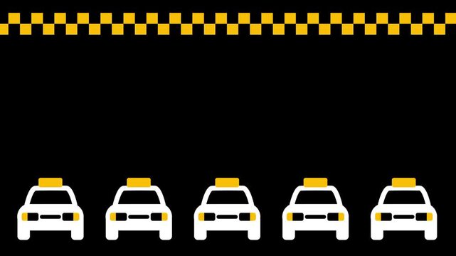 Five identical white taxi icons are parked in a row beneath a long horizontal yellow and black checkered decorative border in the final fifteenth frame