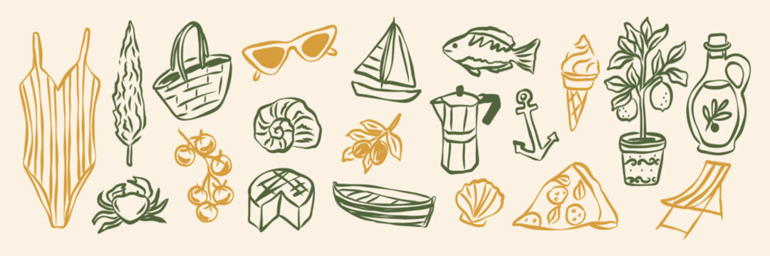 Hand drawn doodle summer vacation elements set