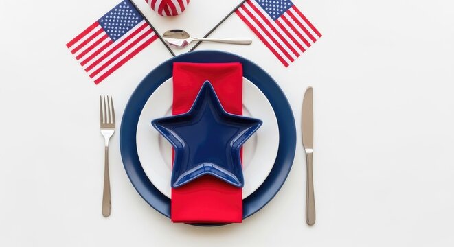 Festive fourth of july table setting with american flags and patriotic place setting