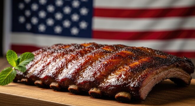 Succulent barbecue ribs with american flag backdrop a celebration of flavor and patriotism