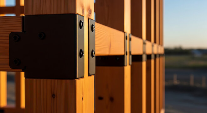 Close-up of wooden beams secured with metal brackets, showcasing structural engineering and construction details