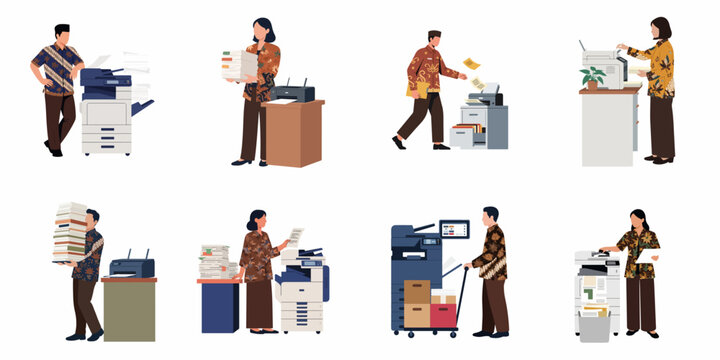 Set of Indonesian Office Workers in Batik Operating Printers, Photocopiers, and Managing Large Stacks of Documents for Administrative Tasks.