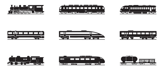 Evolution of train transport icons from vintage steam locomotive to modern high speed rail and freight tanker © Siyam Islam