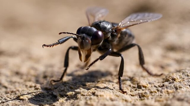 Close up of a flying insect with detailed body structure and sunlight