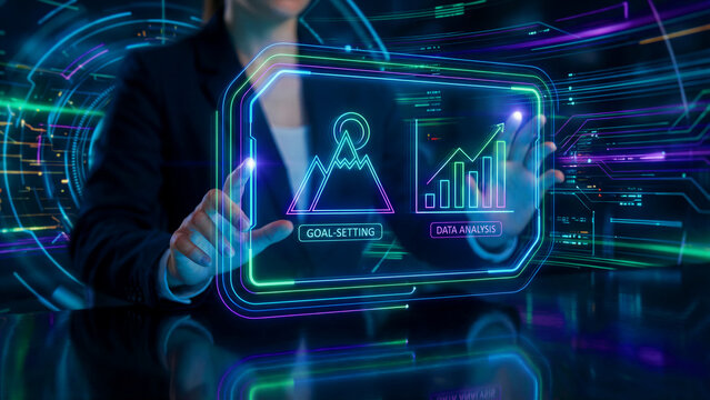 A professional individual, dressed in business attire, interactively engages with a cutting-edge holographic display, showcasing crucial elements like goal-setting and data analysis, representing