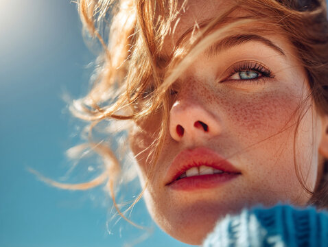 Close-up portrait of a young woman with freckles and windblown red hair against a bright blue sky.