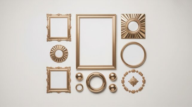 Vintage gold photo frames on beige wall, ornate empty picture frame gallery layout for interior design mockup