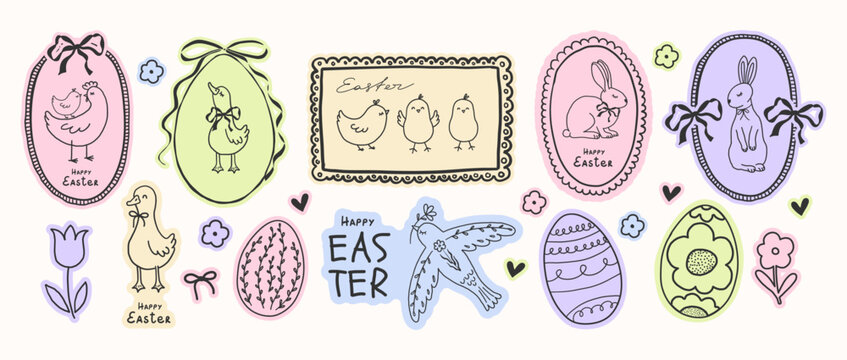 Easter clipart sticker set with cute bunnies, chicks and flowers. Hand drawn doodle illustration in pastel colors and coquette style for nursery decor, spring holiday print and stickers. Flat vector.