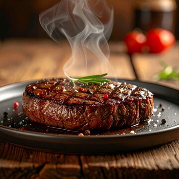 Grilled beef steak on rustic wood table soft side light clean copy space