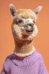 Naklejka premium Fashion portrait of alpaca wearing pearl necklace and knitted sweater against soft orange background with playful styling