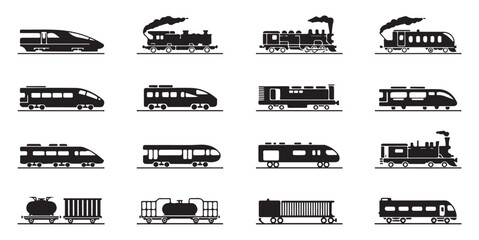 Train silhouette icons with different railway vehicles including modern and vintage engines freight cars © Siyam Islam