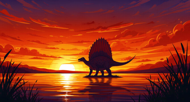 Striking pixel art illustration of a large silhouetted dimetrodon standing on an island during a vibrant orange and red sunset reflection.
