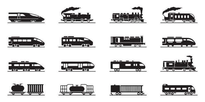 Train silhouette icons with different railway vehicles including modern and vintage engines freight cars